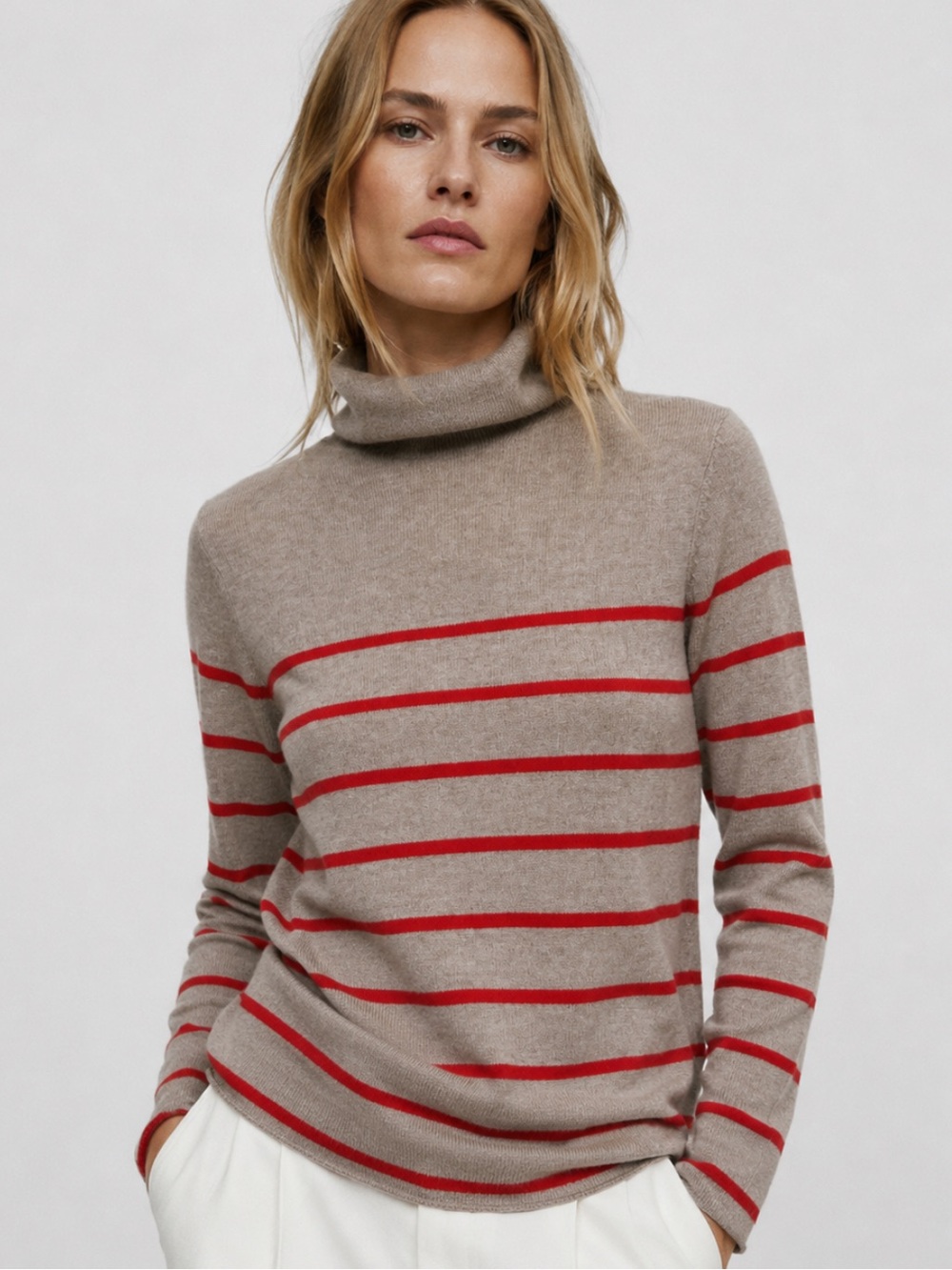 Halogen Cashmere Wool Turtleneck Sweater in Tan and Red Stripes